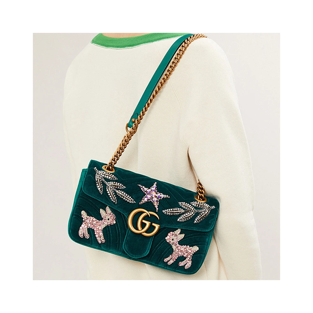 GUCCI GG Marmont: Бархатная сумка с цепью и стразами, Характеристики: Базовая комплектация (сумка + пыльник) | Китай.рф