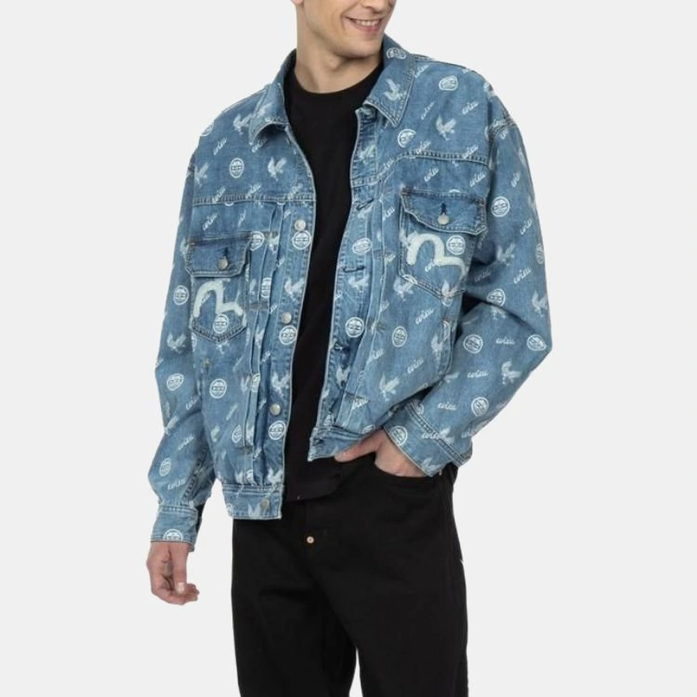 Мужская джинсовая куртка EVISU с отбеленным принтом, синяя, Цвет: Джинсовый синий, Размер: M | Китай.рф
