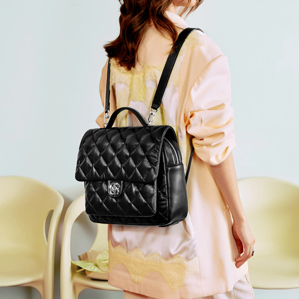 Рюкзак Oshinera JUST STAR в стиле Chanel, ромбовидный узор, черно-белый, Цвет: Мусс черный (средний размер подходит для 11-дюймового iPad), Размер: Нет подарочной коробки, Коробка: В подарок звёздный кулон | Китай.рф