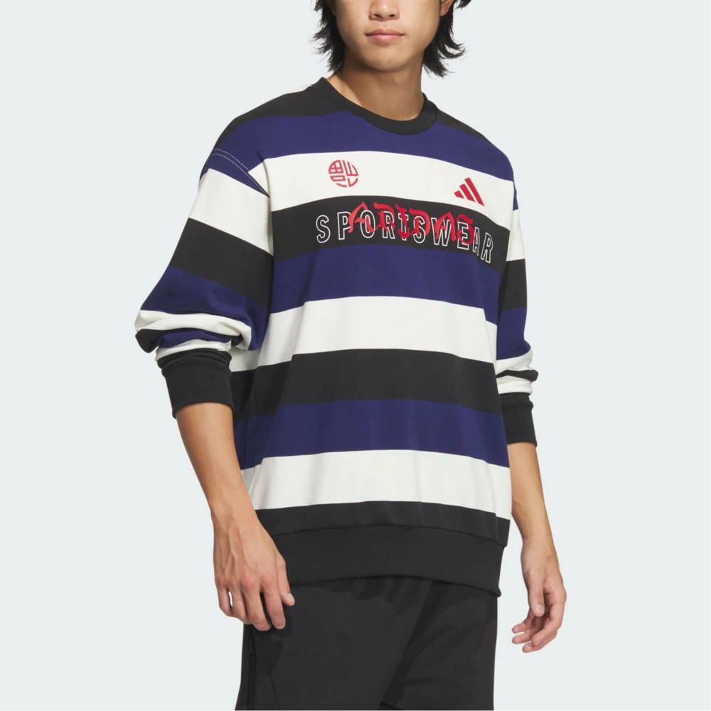 Толстовка Adidas CM ST SWEAT мужская, американские полосы, ретро, круглая горловина, свободная, черный/темно-синий/нефритово-белый, Цвет: чёрный/тёмно-синий/нефритово-белый, Размер: S | Китай.рф