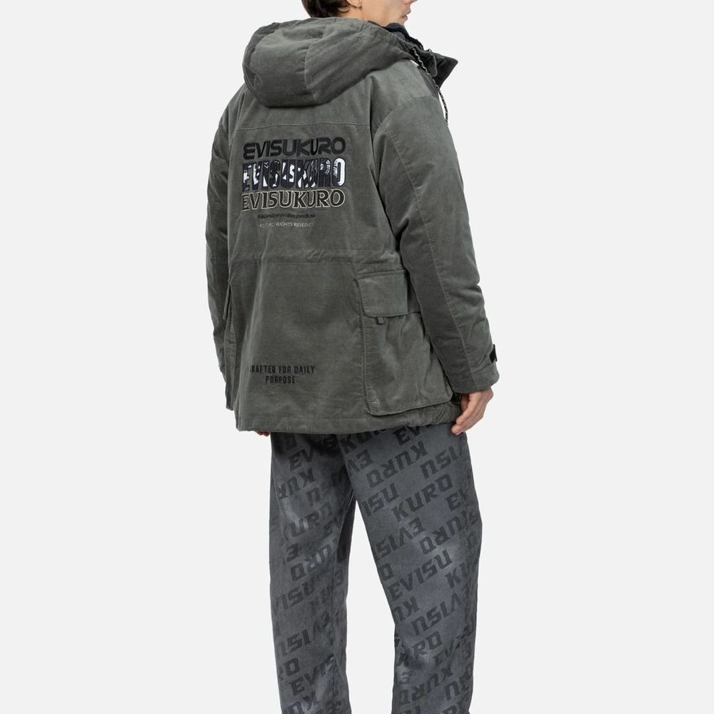 Мужская серая куртка EVISU с вышивкой логотипа и капюшоном, Цвет: серый, Размер: M | Китай.рф
