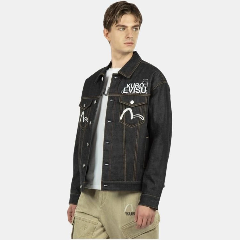 Джинсовая куртка EVISU мужская синяя с принтом, Цвет: Джинсовый синий, Размер: XL | Китай.рф
