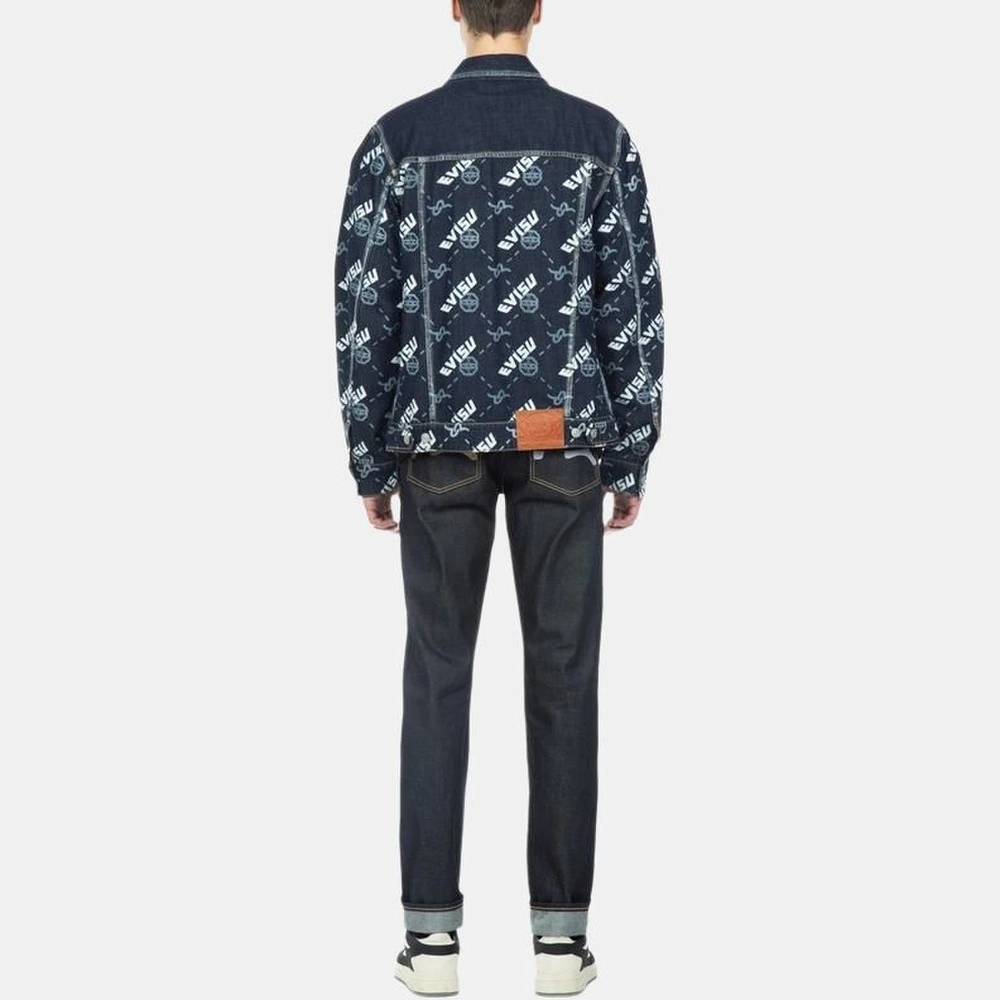 Джинсовая куртка EVISU мужская синяя с принтом логотипа, Цвет: Джинсовый синий, Размер: M | Китай.рф