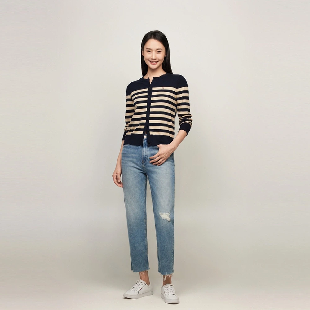 Вязаный свитер Tommy Hilfiger женский в полоску с круглым вырезом, Цвет: Бежево-белый с тёмно-синей полоской 0FA, Размер: XS | Китай.рф