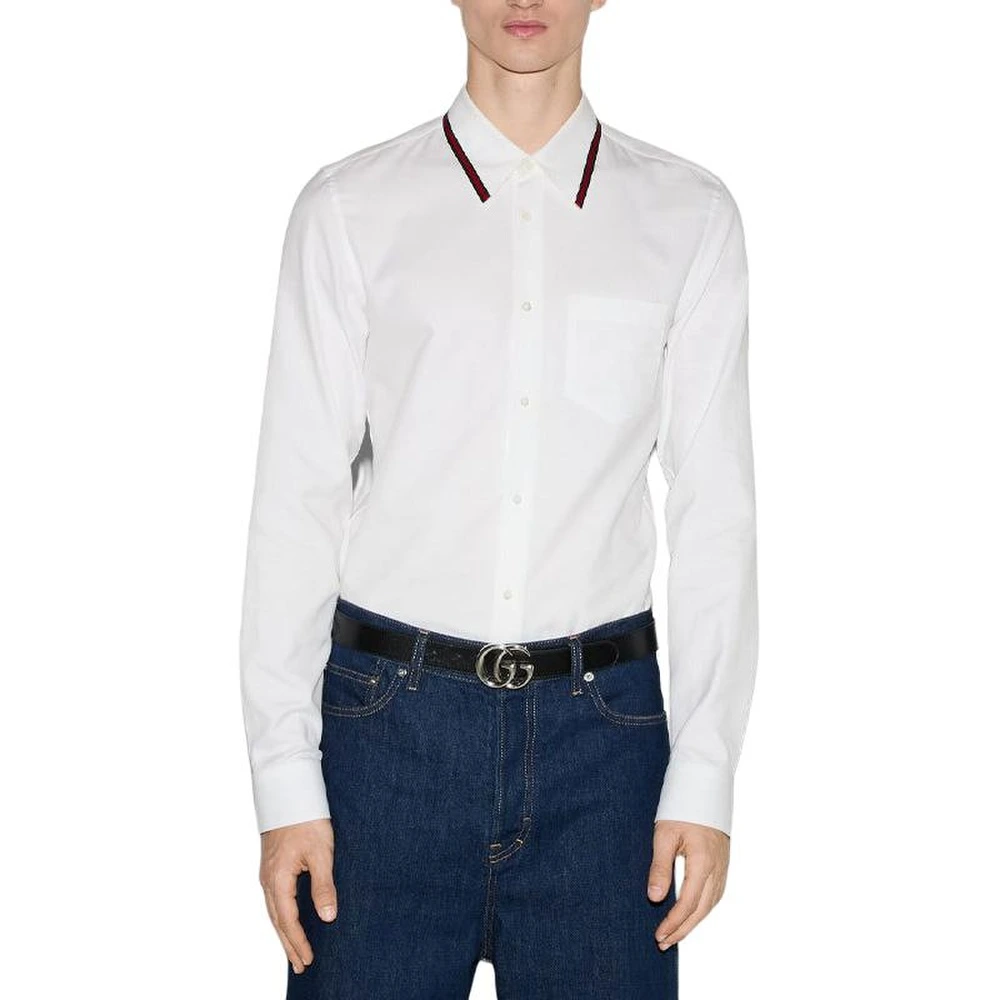 Рубашка GUCCI Web Stripe Trim Oxford белая мужская, Цвет: Белый, Издание: Версия с обрезанным ярлыком размера, Размер: 15 | Китай.рф