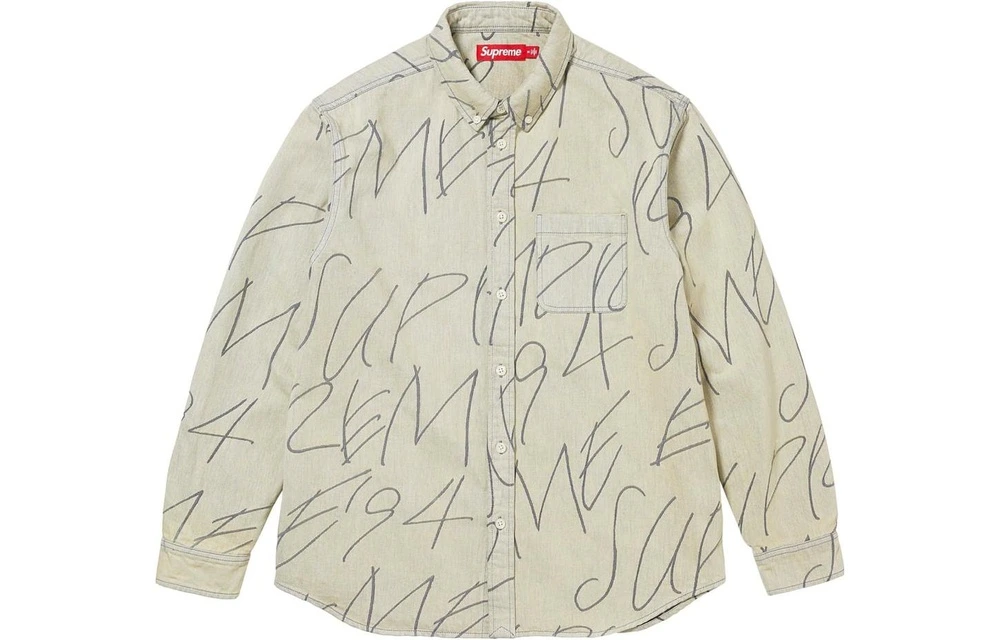 Рубашка Supreme FW23 джинсовая с принтом, унисекс, Цвет: грязный цвет, Размер: XL | Китай.рф