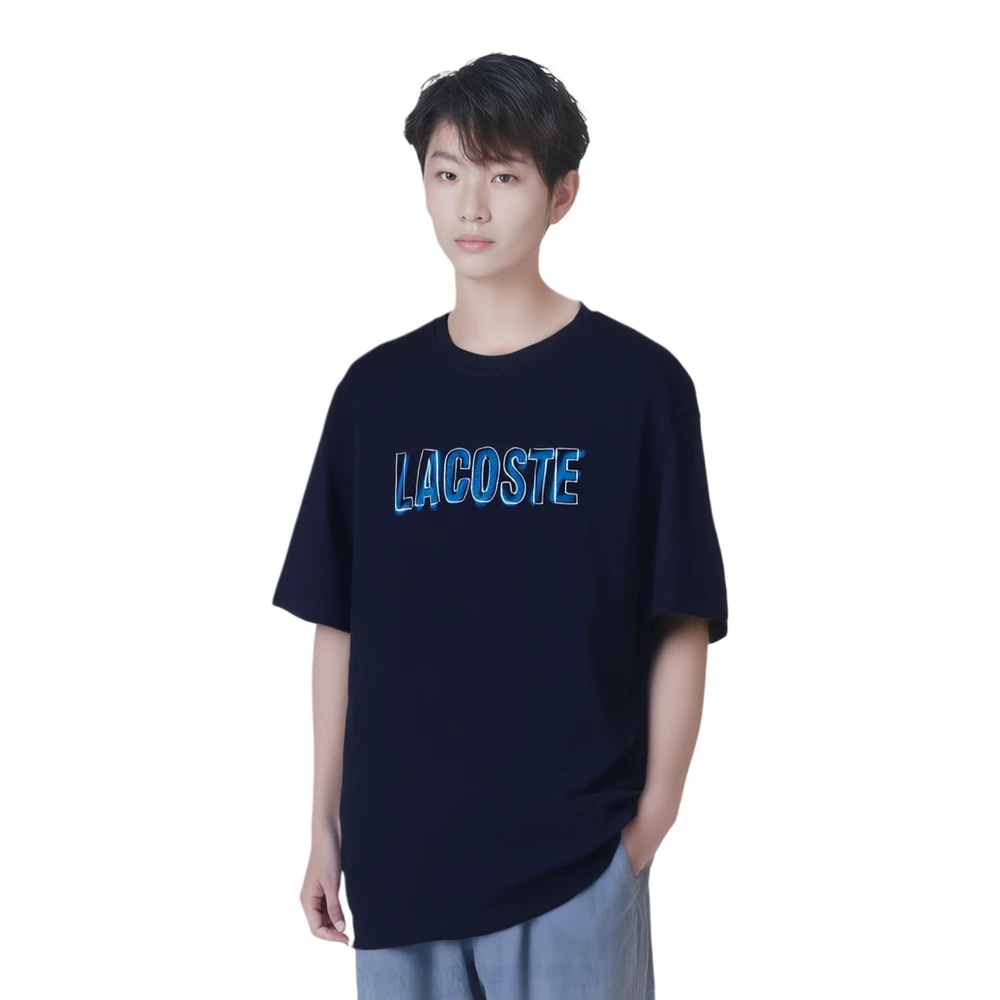 Футболка LACOSTE мужская полночная синяя с буквенным принтом, Цвет: полуночно-синий, Размер: M-4 | Китай.рф