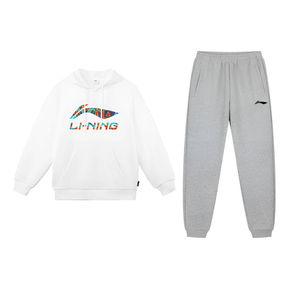 Худи Li Ning с логотипом, мужское и женское, стандартный крой, белое с серым, Набор: стандартный белый утеплённый флисом свитшот с капюшоном + серые утеплённые флисом спортивные штаны с манжетами, Размер: XL | Китай.рф