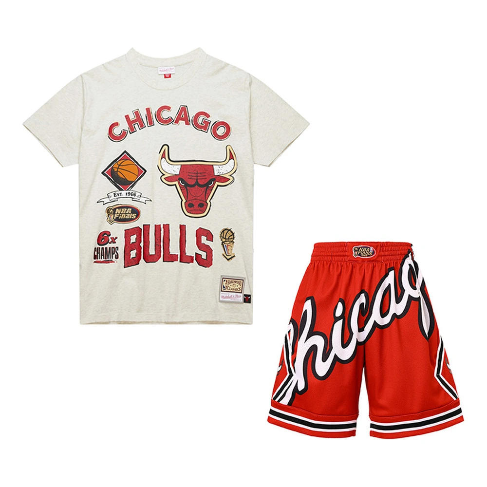 Спортивный костюм Mitchell & Ness Chicago Bulls, Набор: Футболка+шорты, Цвет: овсяный+красный, Размер: XXL | Китай.рф