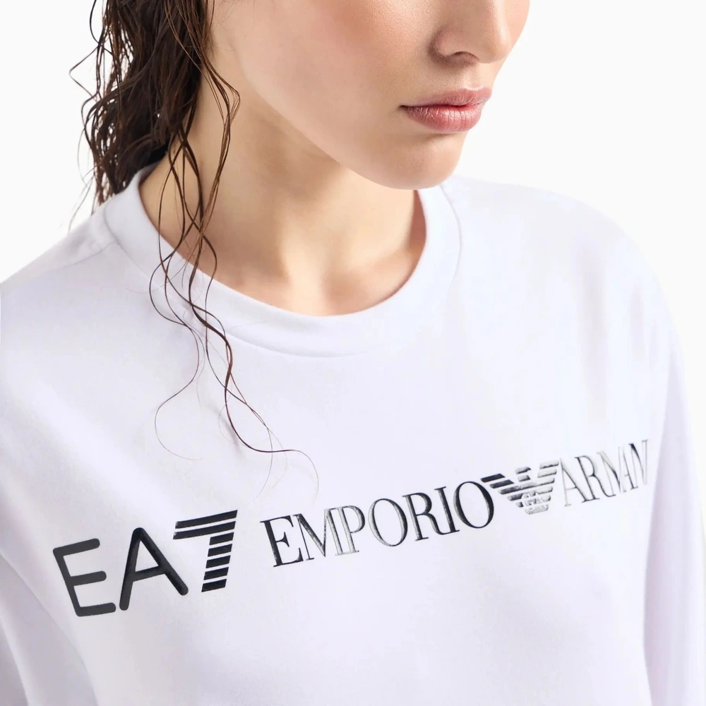 Комплект из свитшота и брюк Emporio Armani EA7 с принтом, Цвет: Костюм (белая толстовка + черные брюки), Размер: L | Китай.рф