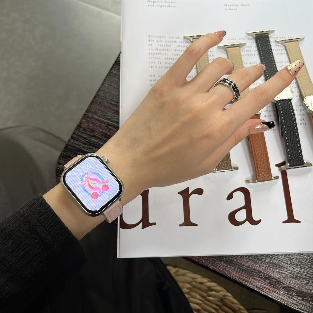 Женский кожаный ремешок Tuomasi для Apple Watch с текстурой личи, 180 мм, Цвет ремешка: 【розовый — зернистая кожа】, Размер ремешка: 42mm (подходит для Apple S11) | Китай.рф