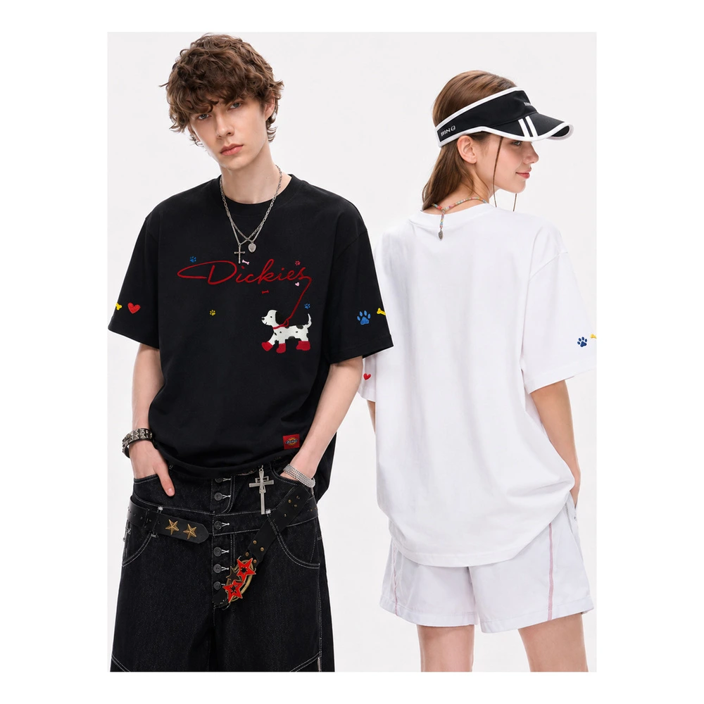 Футболка Dickies с вышивкой щенка и логотипом, плотный хлопок 280g, Цвет: черный [280 г плотный 100% хлопок], Размер: S | Китай.рф