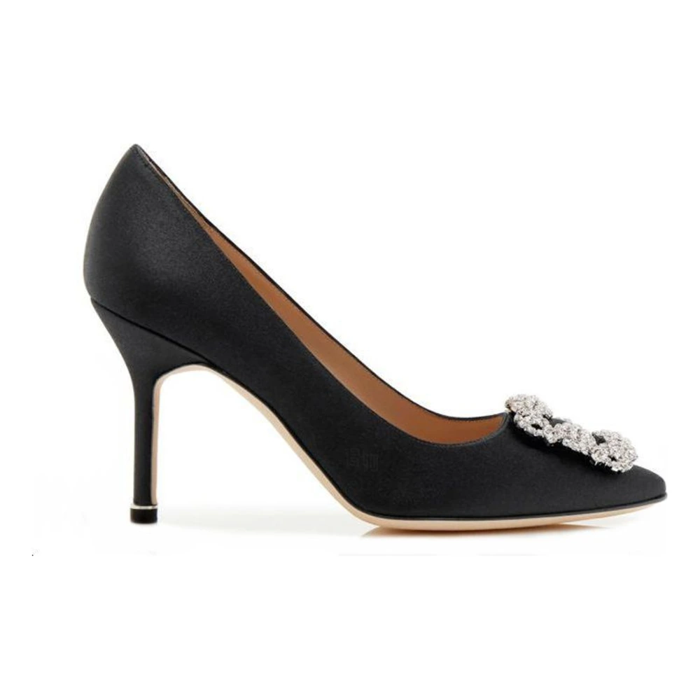 Туфли-лодочки Manolo Blahnik Hangisi с кристаллами и атласной отделкой, каблук 9 см, женские, чёрные, Размер: 34½, Издание: С оригинальной коробкой для обуви | Китай.рф