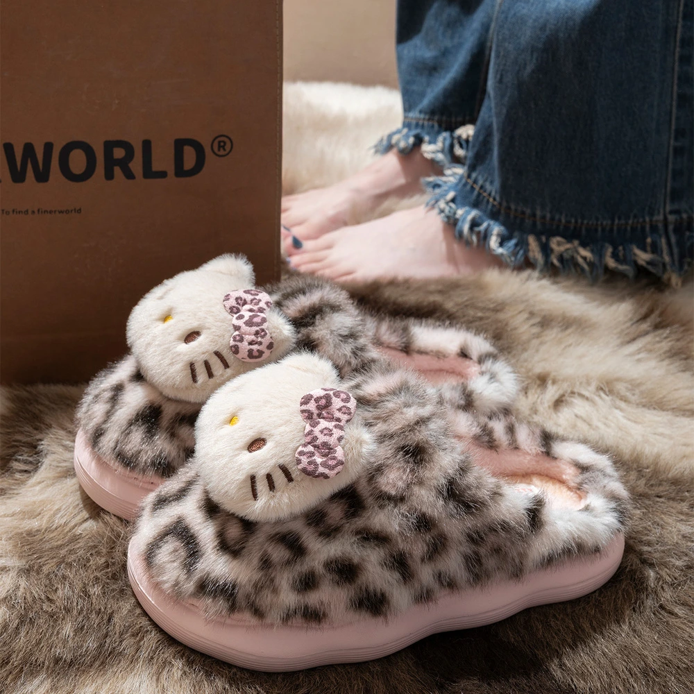Тапочки домашние ECAC Hello Kitty леопард женские с флисом тёплые, Цвет: розовый, Размер: 36-37 | Китай.рф