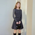 Платье с длинным рукавом XIANGYING, имитация двойки, А-силуэт, Цвет: Средний серый, Размер: S | Китай.рф