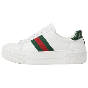 Женские кеды GUCCI ACE из кожи на шнуровке, бело-зеленые | Китай.рф