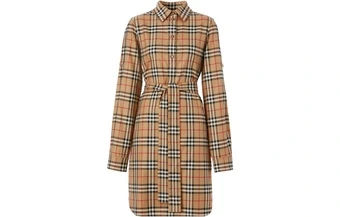 Burberry FW22 Длинное платье в клетку с отложным воротником и однобортной застежкой, женское, бежевое | Китай.рф