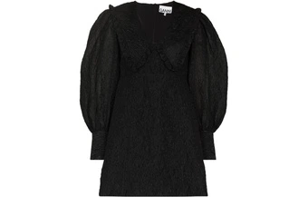 Платье GANNI с V-образным вырезом, пышными рукавами и жаккардовым узором, короткое, из органзы, черное | Китай.рф