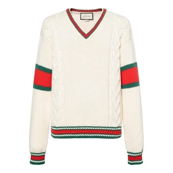 Вязаный свитер GUCCI с V-образным вырезом и полосами мужской белый | Китай.рф
