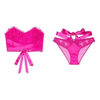 Комплект женского белья Victoria's Secret с пуш-ап эффектом, слипы с низкой посадкой, однотонный, неоново-розовый | Китай.рф