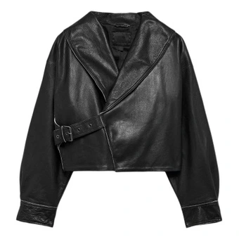 Кожаная куртка ZARA ZW с двойной застёжкой и воротником, женская, чёрная | Китай.рф
