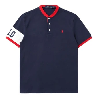 Футболка Polo Ralph Lauren мужская синяя с воротником генри, прямой крой | Китай.рф