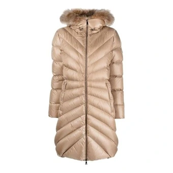 Пуховик Moncler женский бежевый длинный с капюшоном на молнии | Китай.рф